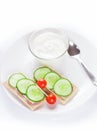 Diet sandwiches with yogurt, healthy food on white