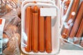 diet sausages in tetrapak. Proper nutrition. Royalty Free Stock Photo