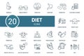 Diet set icon. Contains diet illustrations such as female obesity, digestion, counting calories and more.