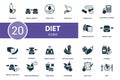 Diet set icon. Contains diet illustrations such as female obesity, digestion, counting calories and more.
