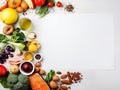 different healthy foods on a white background. Copy space