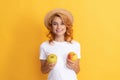 diet and skin beauty. dental care. lunch break. detox. happy young girl with apple fruit. Royalty Free Stock Photo