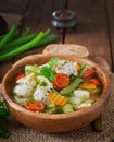 Diet vegetable soup with chicken meatballs and fresh herbs Royalty Free Stock Photo