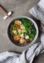 Vegetarian soup with kale mushrooms and soba noodle Royalty Free Stock Photo