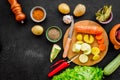 Diet vegetarian vegan food. Ratatouille or vegetable ragout. Black table background top view mockup