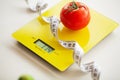 Diet or Weight Control Concept. Fruits and Vegetables With Measuring Tape On Weight Scale. Fitness and Healthy Food Diet Royalty Free Stock Photo