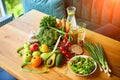Diet weight loss breakfast concept with tape measure, organic fruits , vegetables, salad and fresh water. Healthy nutrition Royalty Free Stock Photo