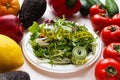 Diet and weight loss concept. Various vegetables, fruits, plate with salad leaves and measuring tape close-up. Selective focus Royalty Free Stock Photo