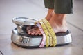 Diet, weight loss and feet of a woman on a scale for body check, measure and balance to lose weight on the floor Royalty Free Stock Photo