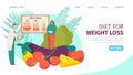 Diet and weight loss landing page vector illustration. Nutritionist and diet plan with vegetables, fruit and fat woman Royalty Free Stock Photo