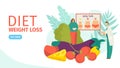 Diet and weight loss landing page vector illustration. Nutritionist and diet plan with vegetables, fruit and fat woman Royalty Free Stock Photo