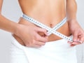 Diet and weight loss. Mid section of health conscious woman measuring her waist. Royalty Free Stock Photo