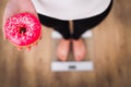 Diet. Woman Measuring Body Weight On Weighing Scale Holding Donut. Sweets Are Unhealthy Junk Food. Dieting, Healthy Royalty Free Stock Photo