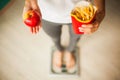 Diet. Woman Measuring Body Weight On Weighing Scale Holding Unhealthy Junk Food. Weight Loss. Obesity. Top View Royalty Free Stock Photo