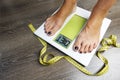 Diet word on weight scale screen with woman feet and measurement tape Royalty Free Stock Photo