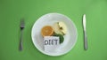 Diet written on note in plate with fruits and vegetables, healthy nutrition