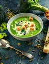 Dietary Broccoli smooth cream soup with sprinkle of sunflower seeds, parsley leaves and croutons on stone table.