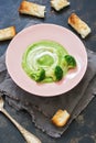 Dietary broccoli soup with croutons. The concept of healthy eating.