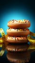 Dietary choice Donut restrained by measuring tape, depicting weight loss intention