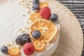 Dietary delicate fruity berry nut cake without baking