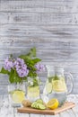 Dietary detox drink with lemon juice, ginger, cucumber and mint leaves in clear water with ice. Royalty Free Stock Photo