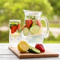 Dietary detox drink with lemon juice, red strawberry, cucumber and mint leaves in clear water Royalty Free Stock Photo