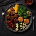 Dietary menu. Fresh vegetables in a healthy salad with tomatoes, avocado, arugula, radish, and seeds in a bowl. vegan cuisine Lay Royalty Free Stock Photo