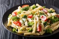Dietary pasta Casarecce with vegetables dressed with creamy cheese sauce close-up on a plate. horizontal