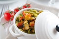 Dietary pasta with spinach, zucchini and cherry tomatoes