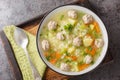 Dietary Rice meatball soup with celery, carrots, onions, potatoes and herbs close-up in a bowl. Horizontal top view