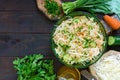 Dietary salad with cabbage, cucumber, carrot, greens. Juicy spring salad with fresh vegetables Royalty Free Stock Photo