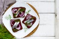 Dietary sandwiches with herring, boiled beets, red onion on rye bread Royalty Free Stock Photo