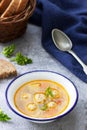 Dietary soup with meatballs, potatoes and noodles served with rye bread with bran. Children`s menu Royalty Free Stock Photo