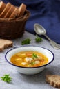 Dietary soup with meatballs, potatoes and noodles served with rye bread with bran. Children`s menu. Royalty Free Stock Photo