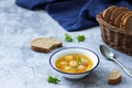 Dietary soup with meatballs, potatoes and noodles served with rye bread with bran. Children`s menu. Royalty Free Stock Photo