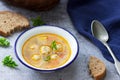 Dietary soup with meatballs, potatoes and noodles served with rye bread with bran. Children`s menu Royalty Free Stock Photo