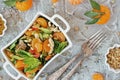 Dietary spinach salad and Mandarin oranges with dressing of mustard and pine nuts