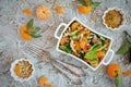 Dietary spinach salad and Mandarin oranges with dressing of mustard and pine nuts