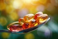 Dietary supplements arranged on spoon under vibrant sunny lighting