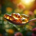 Dietary supplements arranged on spoon under vibrant sunny lighting