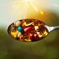 Dietary supplements arranged on spoon under vibrant sunny lighting