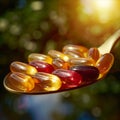 Dietary supplements arranged on spoon under vibrant sunny lighting