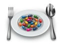 Dietary supplements. Variety pills. Vitamin capsules on plate. Royalty Free Stock Photo