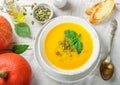 Dietary vegetarian pumpkin cream soup puree Royalty Free Stock Photo