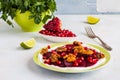 Dietary vegetarian salad of roasted beets with pomegranate seeds, walnuts caramelized in honey and natural yoghurt. Royalty Free Stock Photo