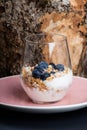 Dietetic breakfast - yoghurt with muesli and huckleberries Royalty Free Stock Photo