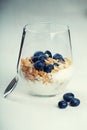 Dietetic breakfast - yoghurt with muesli and huckleberries Royalty Free Stock Photo