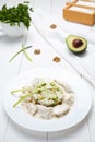 Dietetic turkey or chicken fillet with cream sauce, rice, avocado