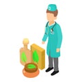 Dietetics icon isometric vector. Faceless man doctor near organic food product