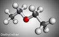 Diethyl ether, ethyl ether molecule. It is an ether in which the oxygen atom is linked to two ethyl groups. Molecular model. 3D Royalty Free Stock Photo